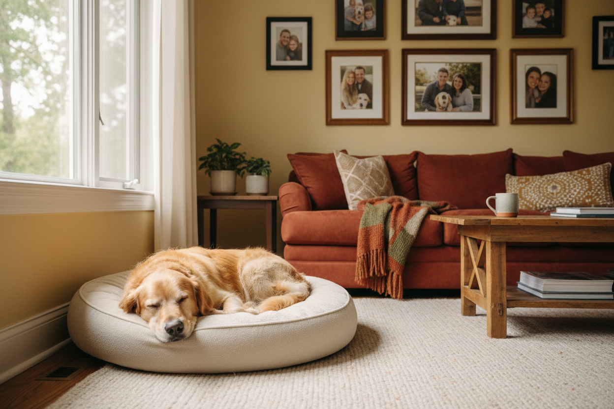 Generame un perro descansando sobre su cama en una casa de ambiente familiar