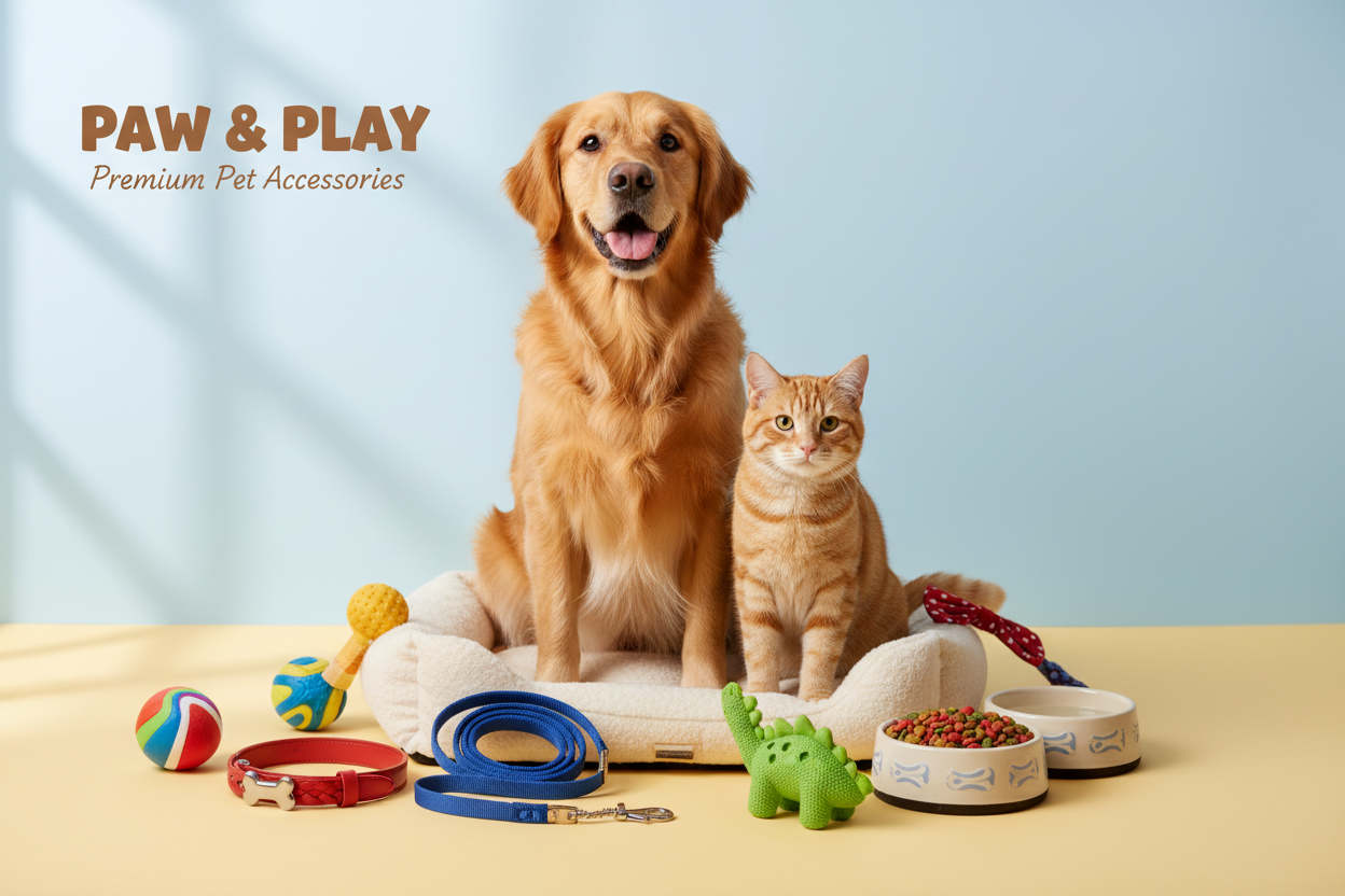 Generame una imagen para la portada de una tienda de accesorios para mascotas